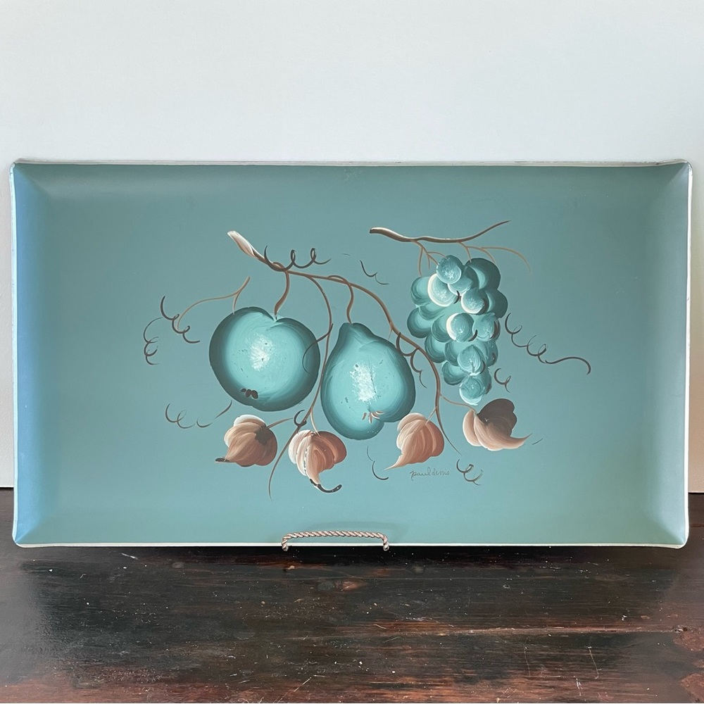Vintage metal toleware tray Hand painted fruit design 10.5x18.5 Artist Signed